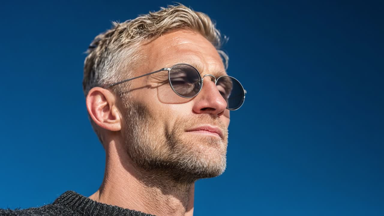 A Confident Man in Sunglasses Against a Clear Blue Sky: Capturing an Moment of Reflection and Inspiration