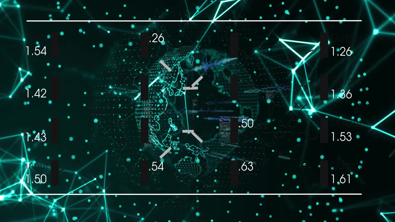Animation of digital globe surrounded by glowing geometric shapes and numerical data