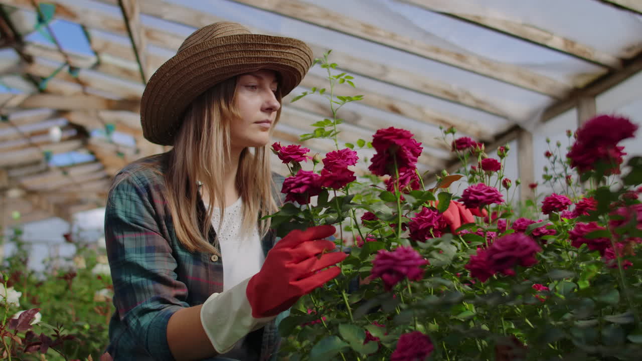una joven florista cuida de las rosas en un invernadero sentada con guantes examinando y tocando los brotes de flores con sus manos