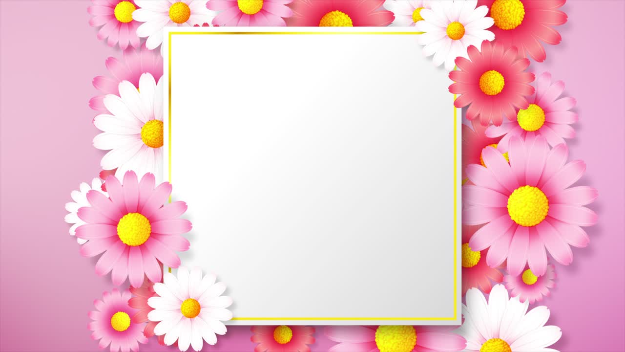 animación de fondo abstracto de hermosa rotación de flores y floración, marco en blanco y flor con copyspace sobre fondo rosa para vacaciones de primavera y verano