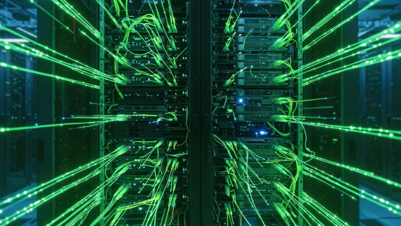 Exploring the Digital Frontier: A Visual Journey Through the Intricate Inner Workings of a Cutting-Edge Data Center with Vibrant Fiber Optic Cables
