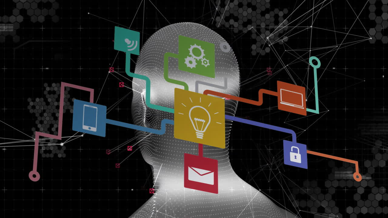Animation of technology icons connecting over abstract human head silhouette