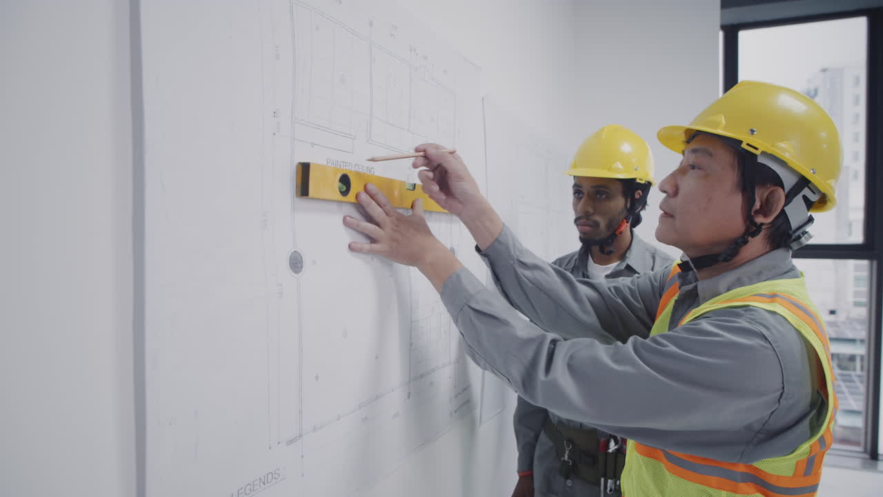 Builders Using Construction Level while Measuring Walls