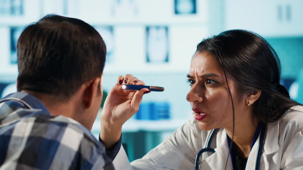 Doctor Examining Patient's Eyes with Penlight