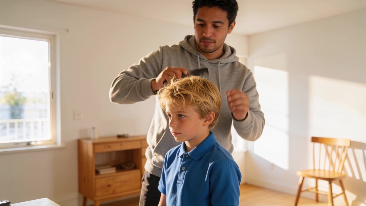 Raising wide-tooth comb, caregiver in gray hoodie combing boy in blue polo's hair at home, grooming