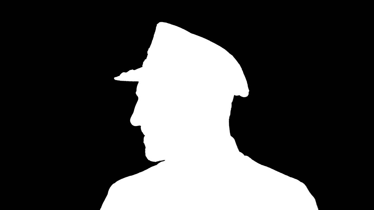 hombre soldado saludando, silueta blanca sobre fondo negro