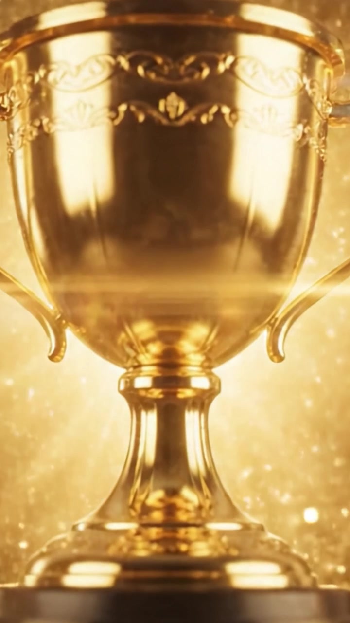Uno splendido trofeo d'oro che mostra eleganza e successo, catturato in due fotogrammi di una celebrazione del successo, che simboleggia vittoria e lavoro.