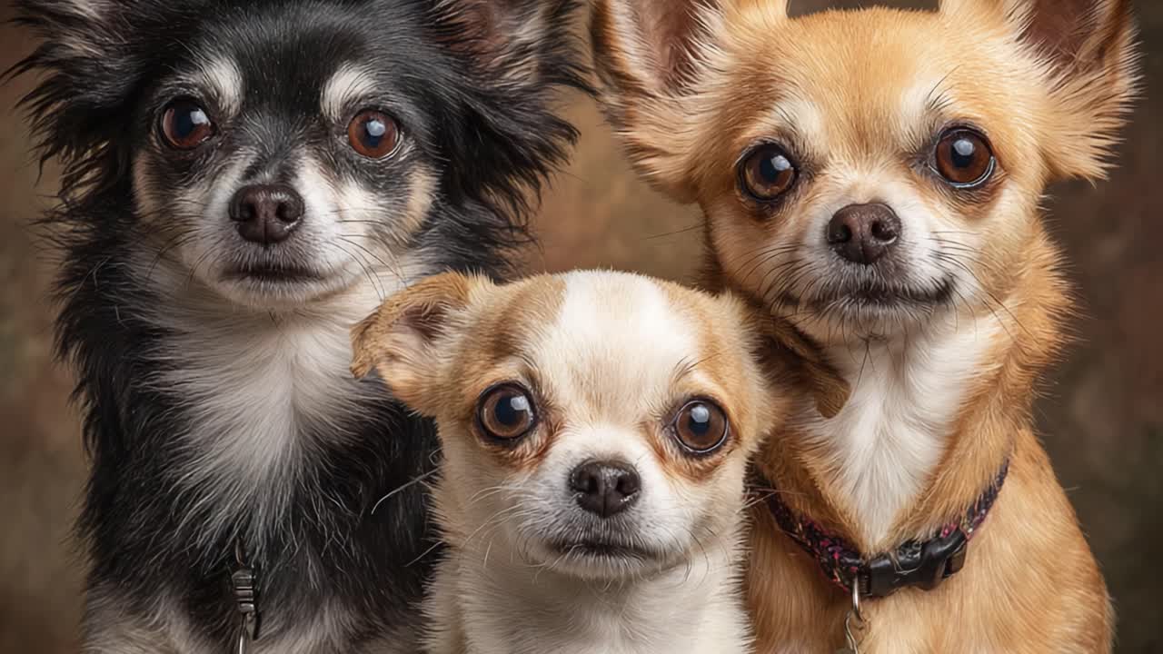 A Heartwarming Portrait of Three Charming Chihuahuas Captured in Stunning Detail, Showcasing Their Unique Personalities and Expressions in a Beautifully Blurred Background