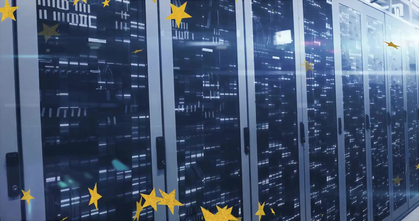 Server cabinets showing blinking lights initiating drifting stars, moving lens flare enhancing glow