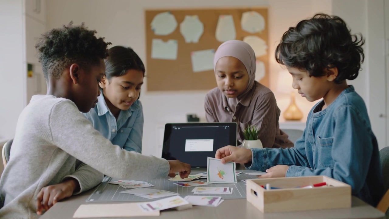 Sorting four students using tablet prompt at class table, arranging cards, hijab student glancing