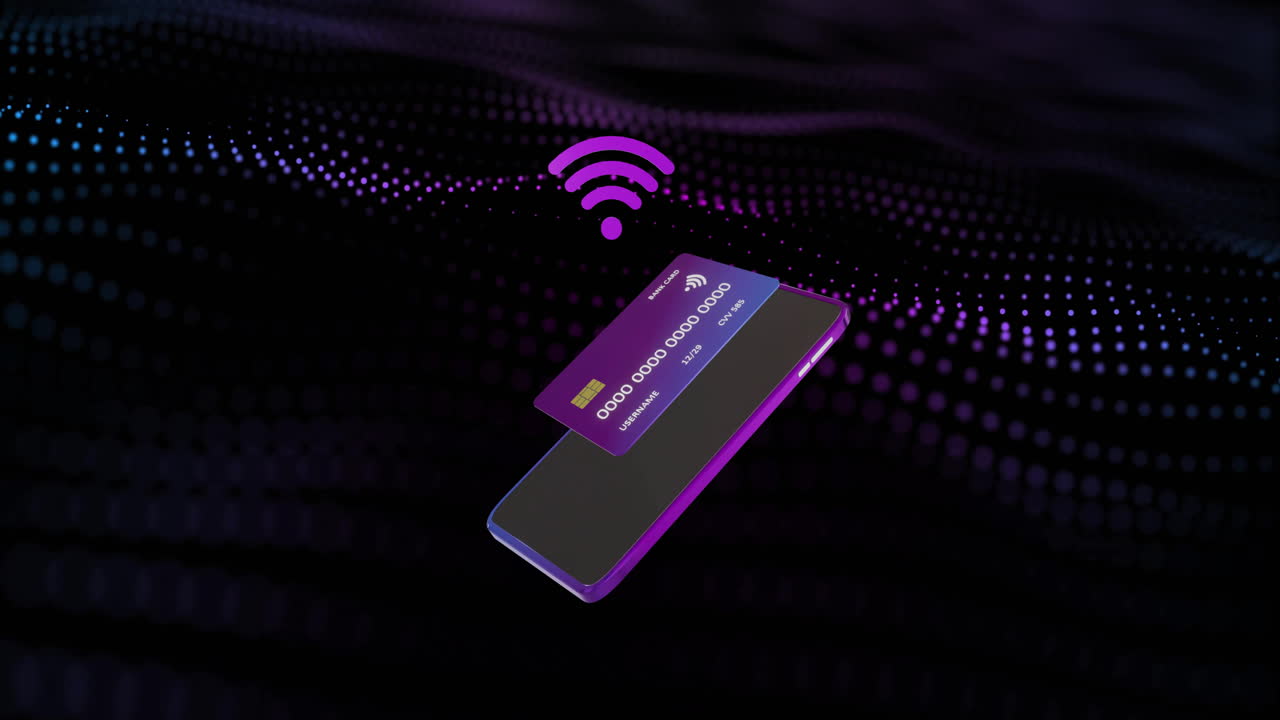 Animation of smartphone and credit card with data over black background