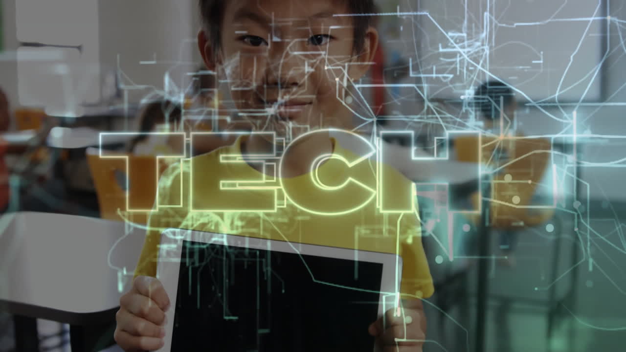 Child using tablet with TECH text and digital network animation overlay