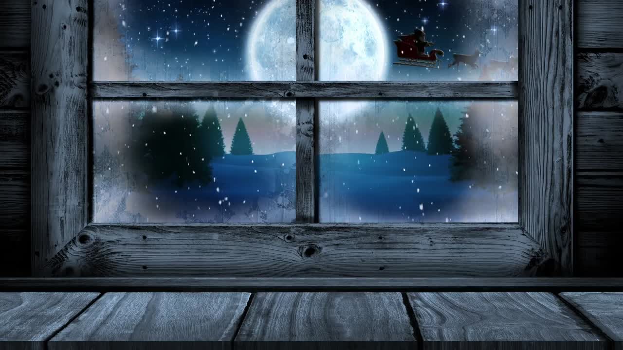 Animation of wooden window frame with christmas snow falling, full moon and santa's sleigh outside