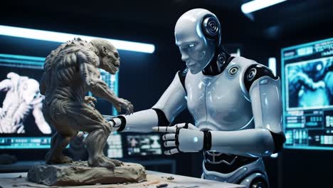 a future perfected: a robot artist sculpting a hyper-realistic creature model in an advanced technology studio, showcasing artificial intelligence and creativity