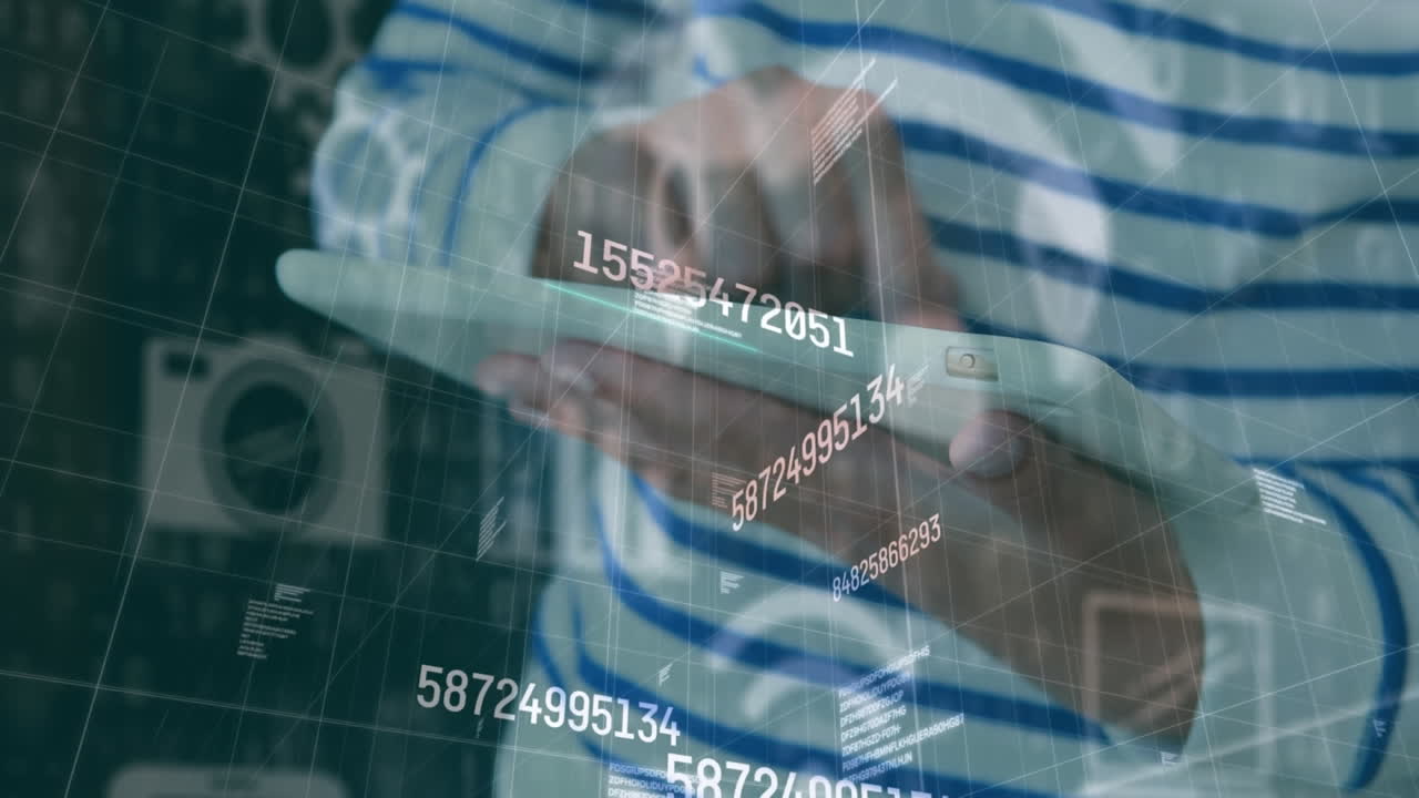 Animation of interface icons and data processing over student using tablet