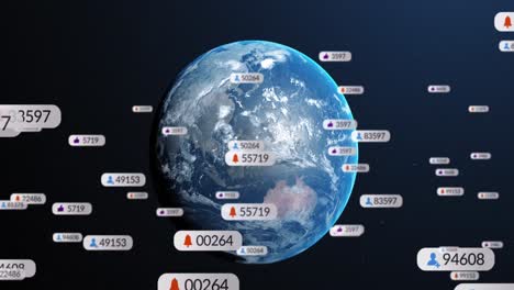 animación de notificaciones de redes sociales procesamiento de datos en todo el mundo en el cielo nocturno
