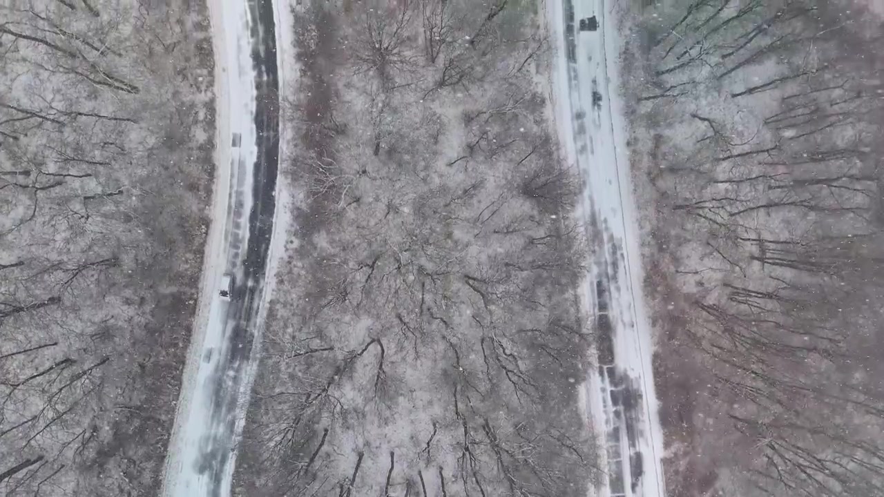 Monti Visegrád, Ungheria, strada di montagna serpeggiante e innevata attraverso la foresta nella nebbia e nella nevicata, con manto stradale ghiacciato e curve pericolose in un paesaggio invernale remoto, vista aerea.
