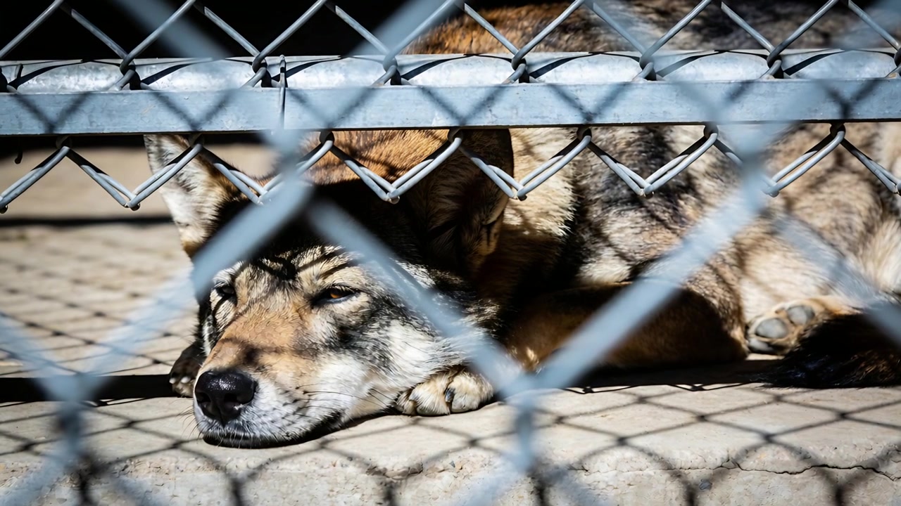 Lying wolflike dog resting on concrete behind chainlink fence, snout under rail, sunlight shifting