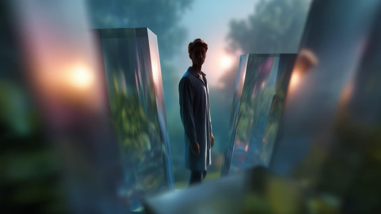 A Solitary Figure Steps Through a Dreamlike Landscape of Reflections and Surreal Mirrors, Evoking a Sense of Mystery and Intrigue in Nature's Embrace