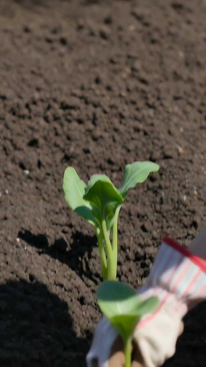 Vertical video: Raking soil, gloved hand placing seedling into raised bed, pressing soil for growth