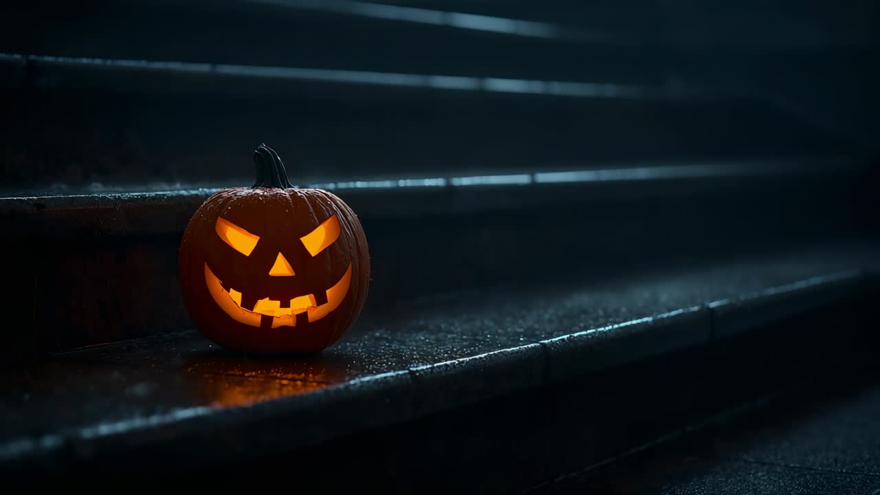 Una fotocamera che riprende una zucca intagliata illuminata su una scalinata in pietra bagnata di notte, con un'atmosfera inquietante