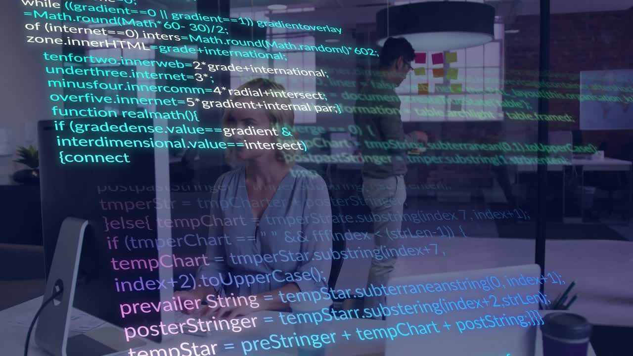 female developer coding at open-plan tech office, showing animated code lines and sticky notes