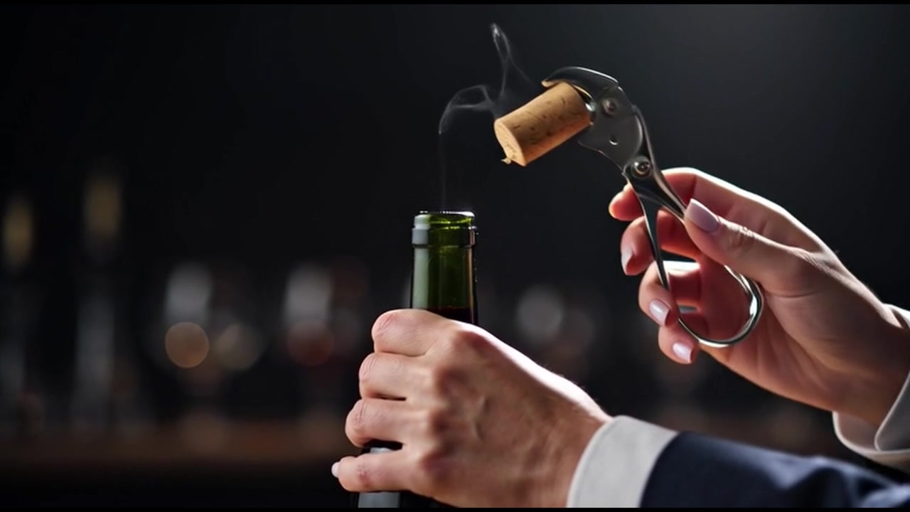 Sommelier che apre una bottiglia di vino con un cavatappi