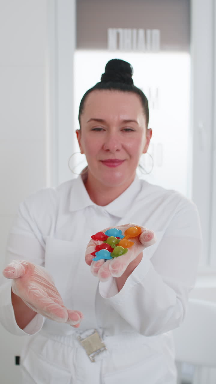 Cosmetologist showing capsules with chemical acid for facial skin care face peeling for woman