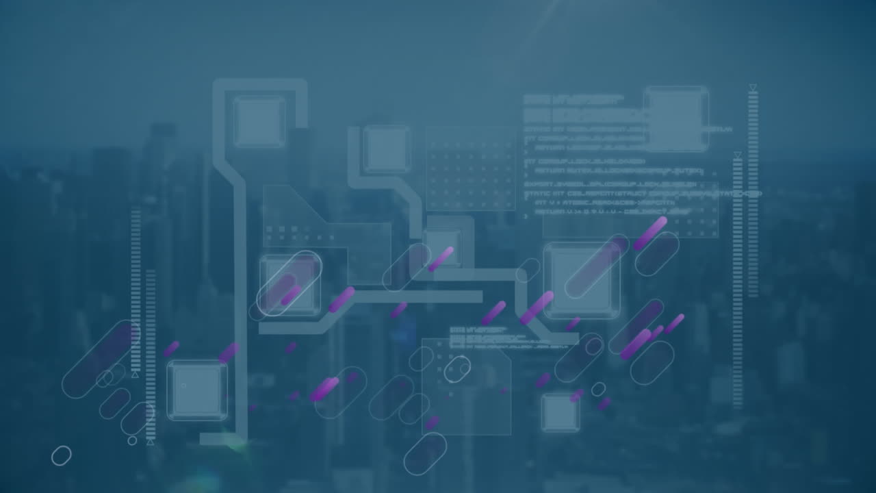 도시 풍경 위의 데이터 처리 및 미디어 아이콘의 애니메이션