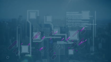Animation of data processing and media icons over cityscape