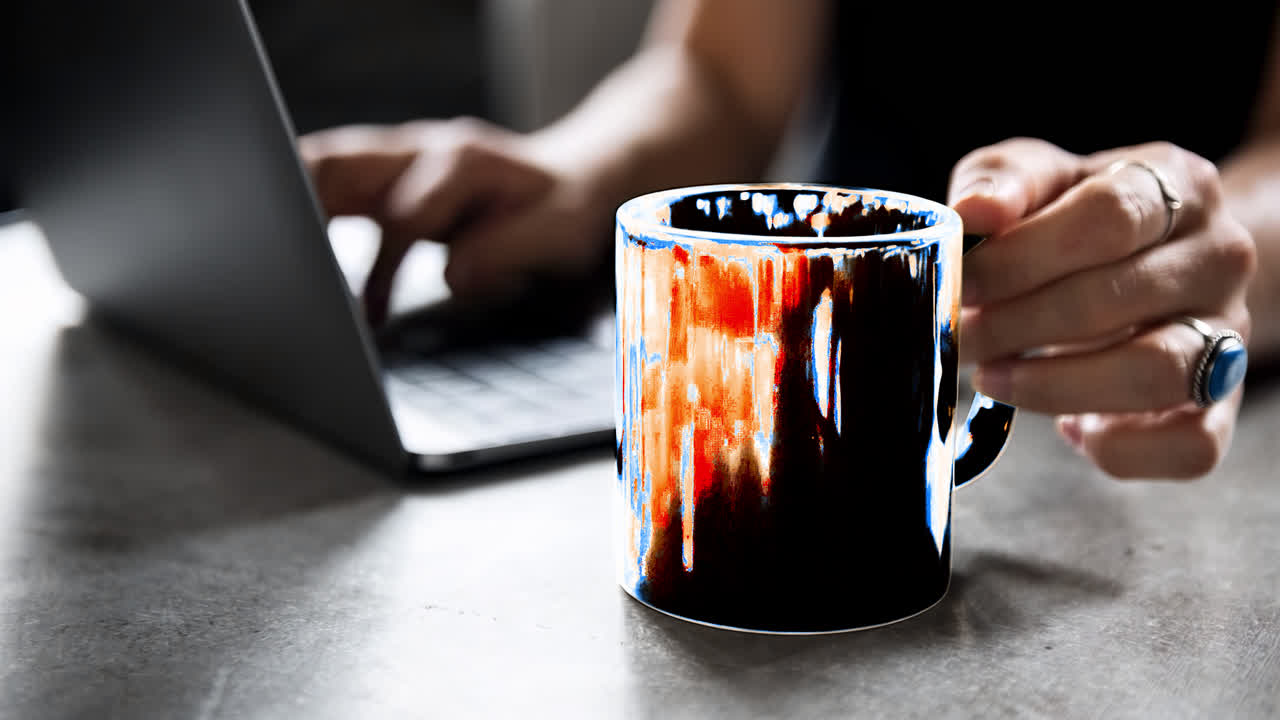 Mockup live di tazza da caffè con sovrapposizione animata per laptop, video 4K trasparente, canale alfa, ProRes 4444