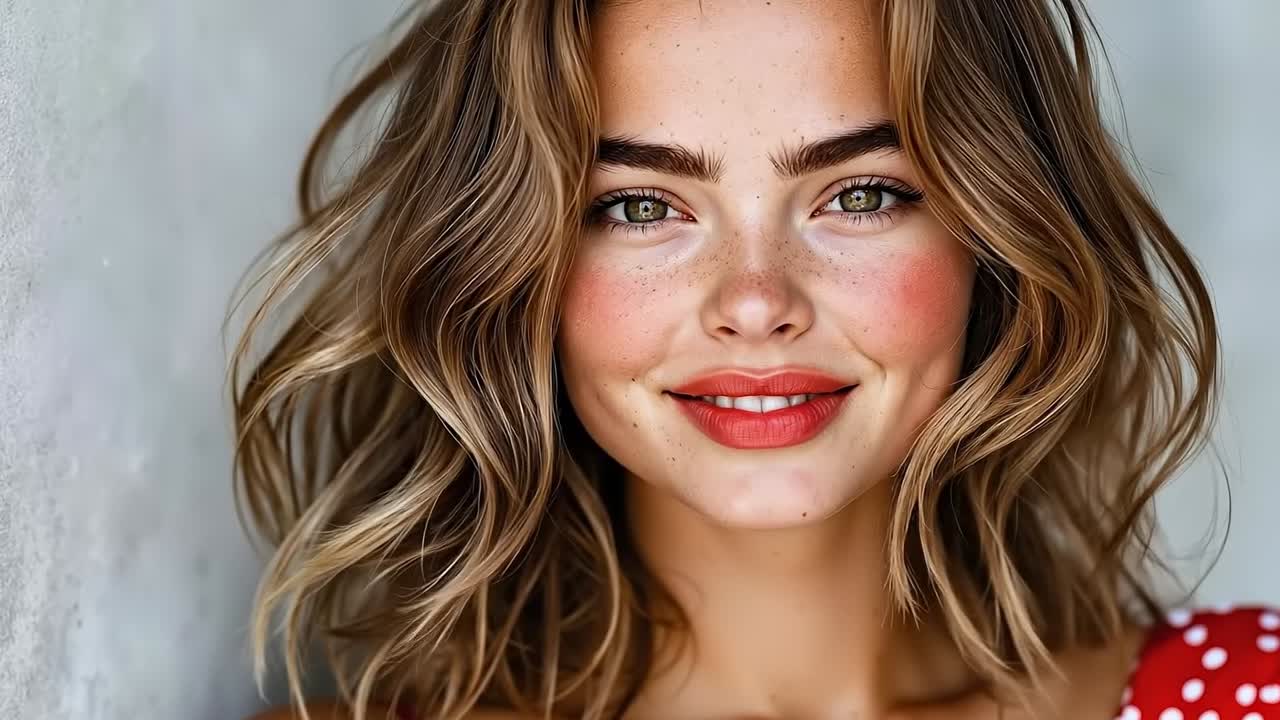 Una donna con lentiggini sul viso e un vestito rosso a pois