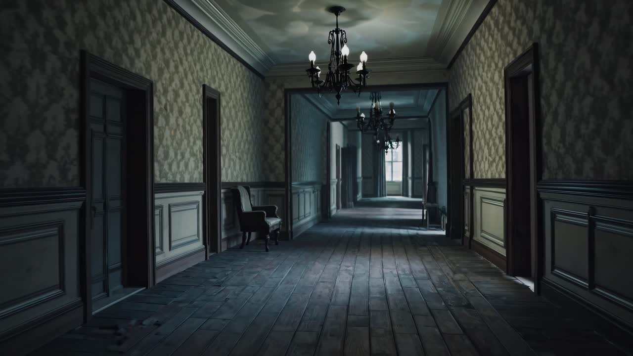 Dimly lit corridor with vintage chandeliers and ornate wallpaper, showcasing the gradual transition of light and shadows in an elegant, atmospheric setting