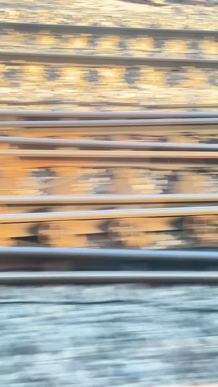Un binario ferroviario con molti binari. Il treno si sta muovendo lungo i binari e l'immagine cattura il movimento del treno