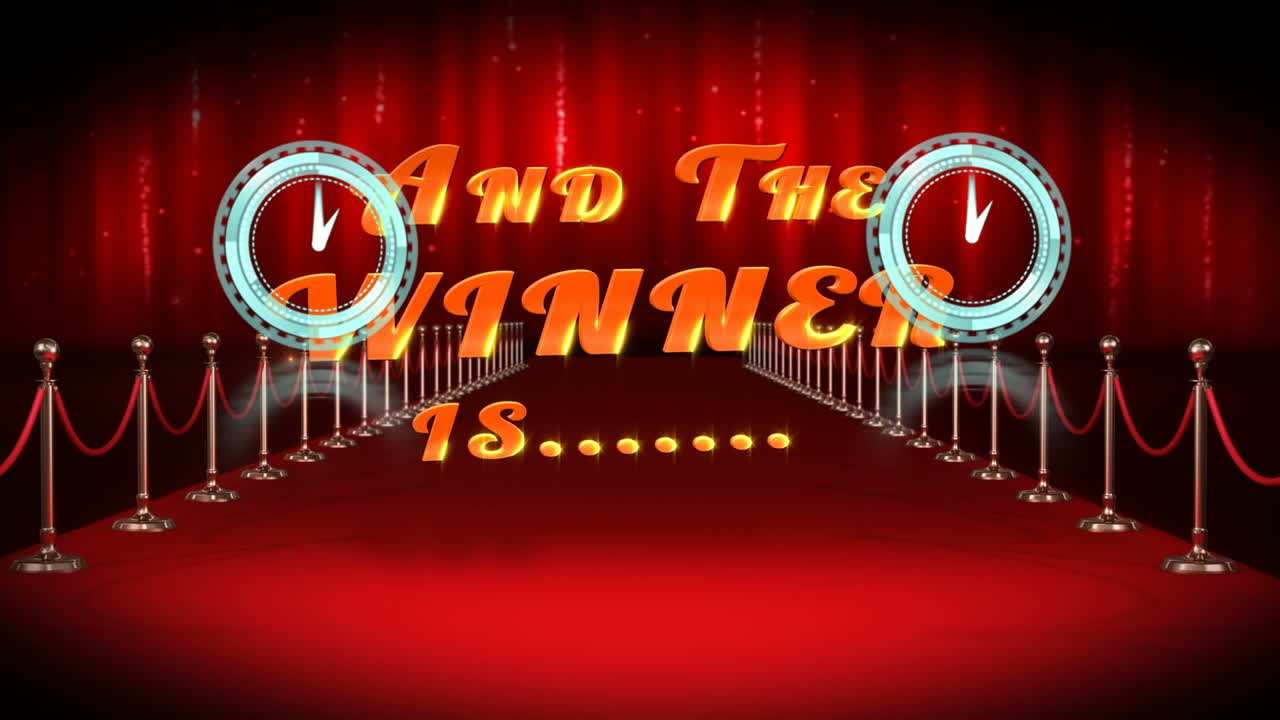 Animation of moving clocks over and the winner is text and red carpet