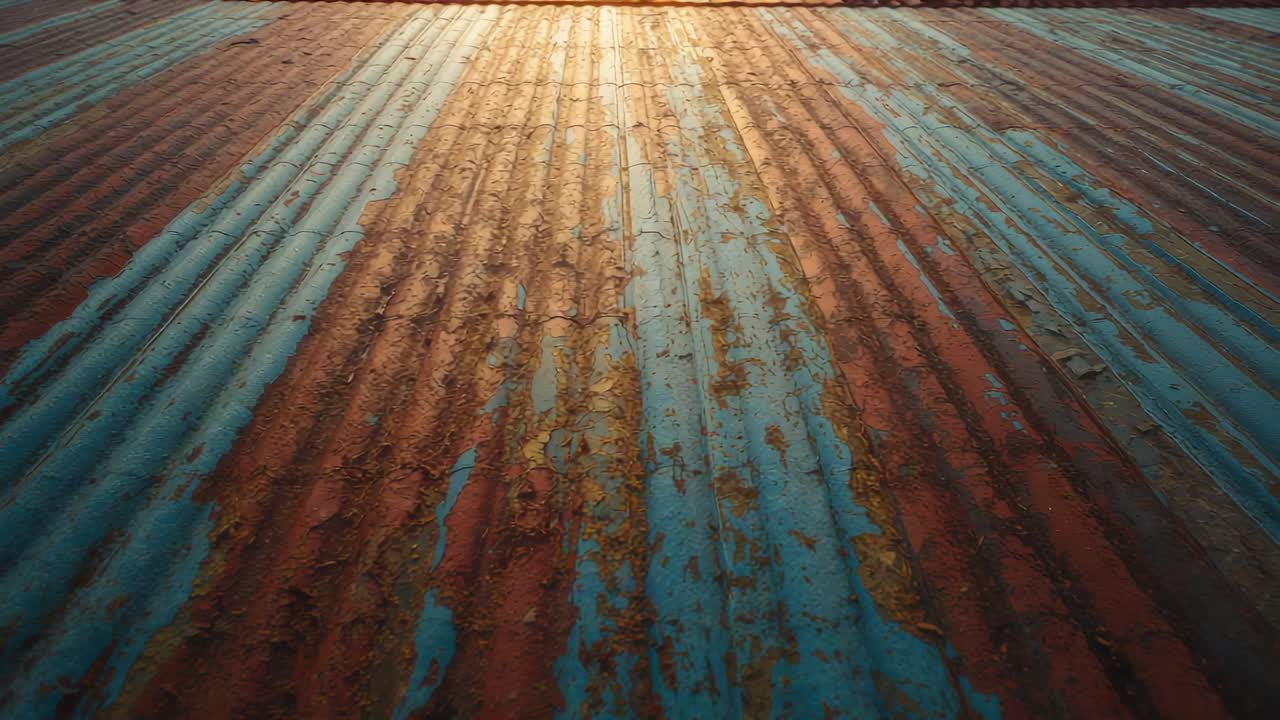 Shining sunlight sparking corrugated metal roof panels revealing rust on roof, with paint texture