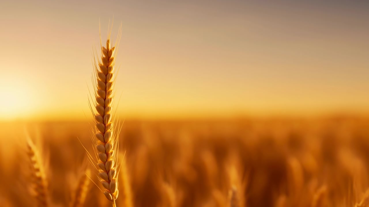 Um único talo de trigo está à esquerda do centro em um campo dourado iluminado pelo sol ao pôr do sol, nitidamente focado contra um fundo suavemente desfocado. A luz de fundo quente cria um.