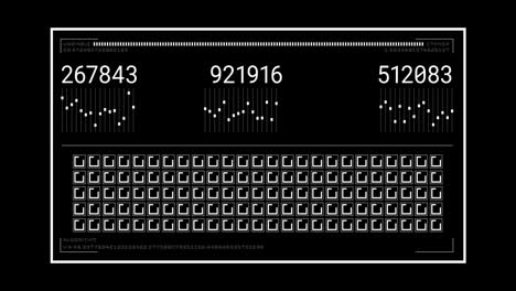 numbers and binary data processing animation over black background with white elements