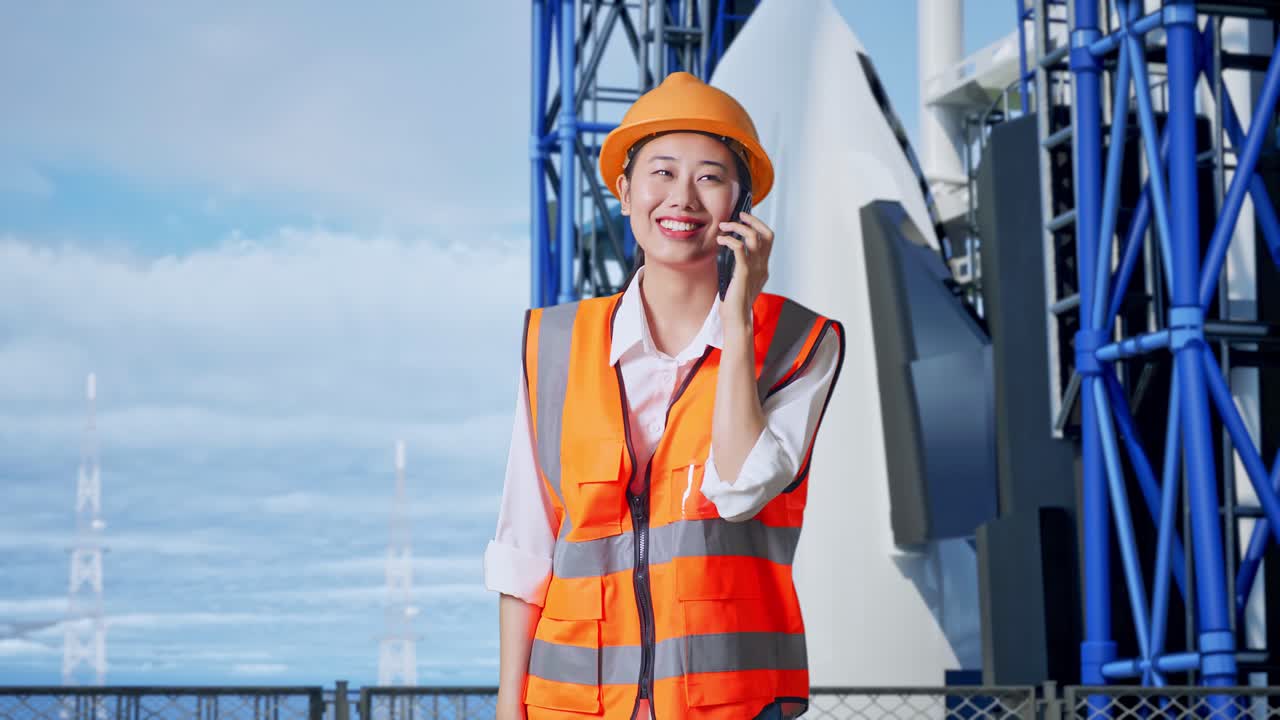 로켓 발사장에서 전화로 이야기하는 여성 엔지니어