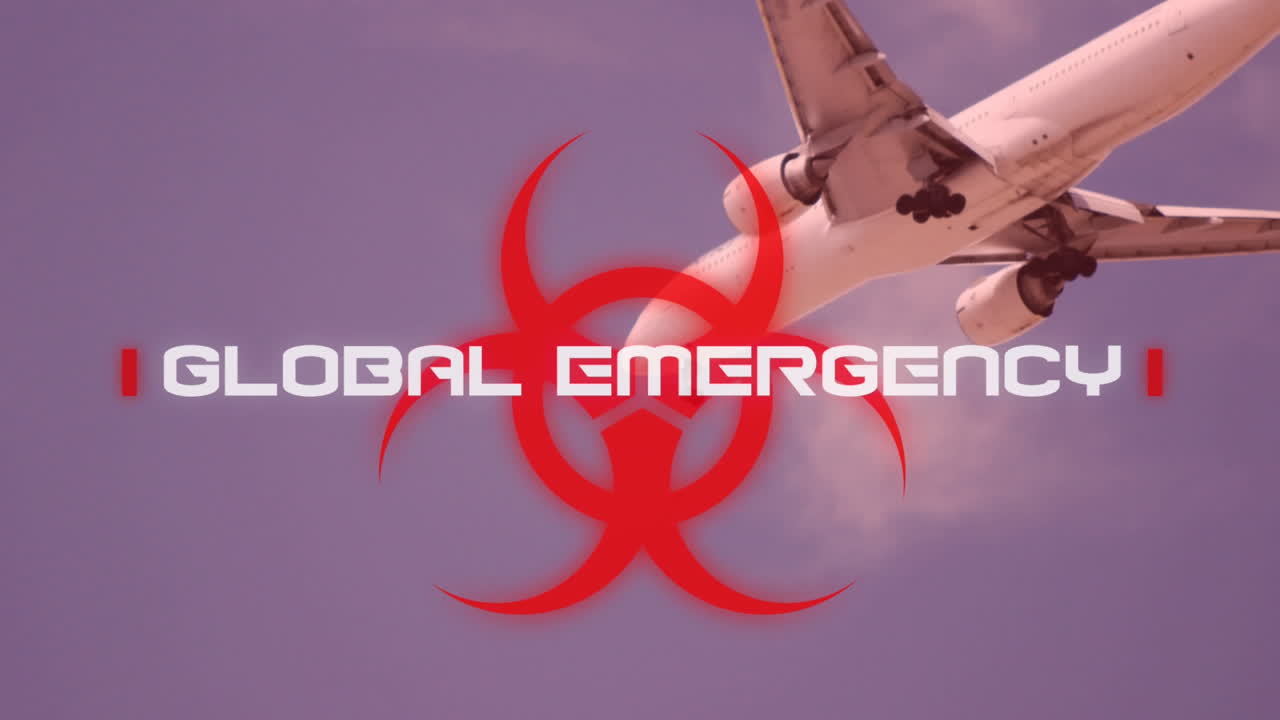 signo de peligro con texto de emergencia global contra el vuelo de aviones