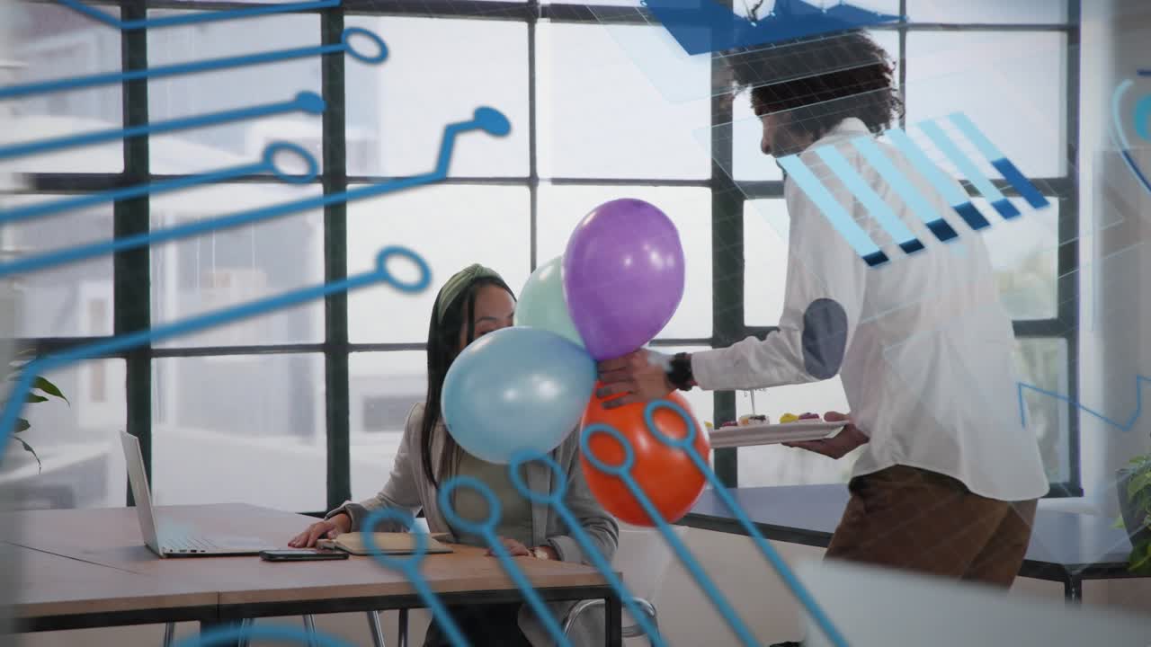 Man with balloons walking past desks toward woman at laptop offering surprise as overlay animating