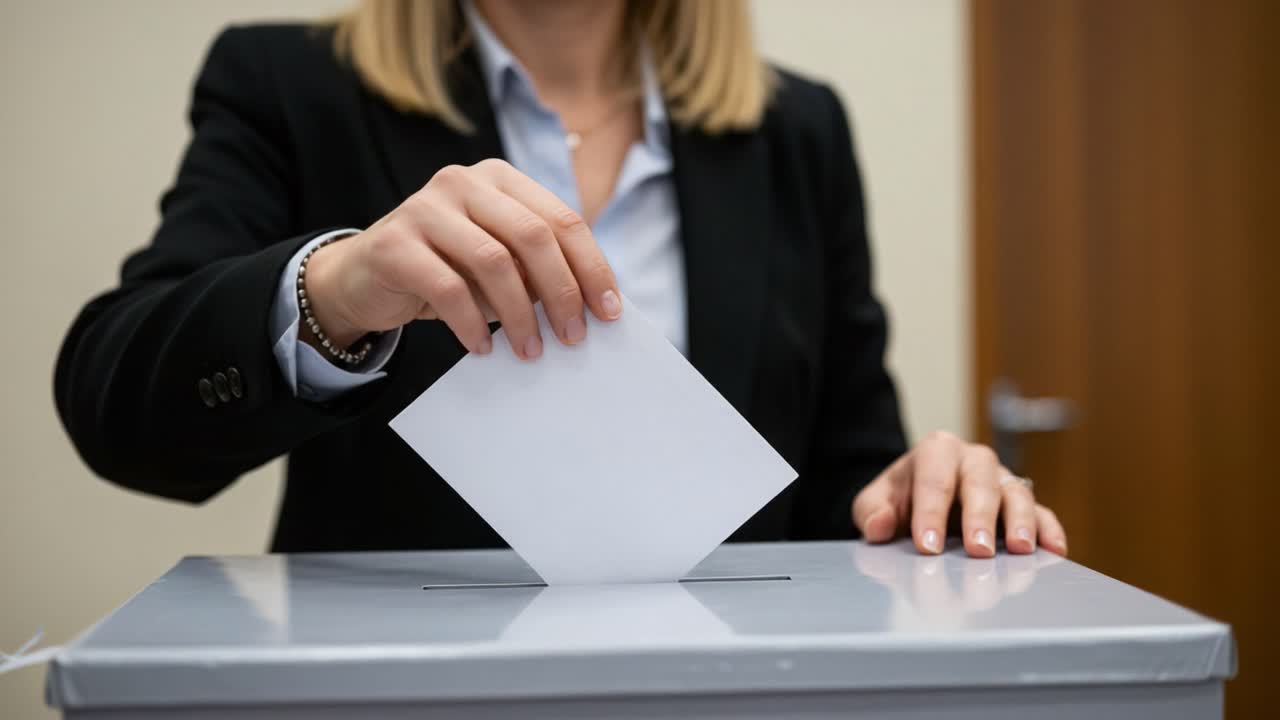 A confident voter participates in the democratic process by casting her ballot in a secure voting box, highlighting the importance of civic engagement and decision-making