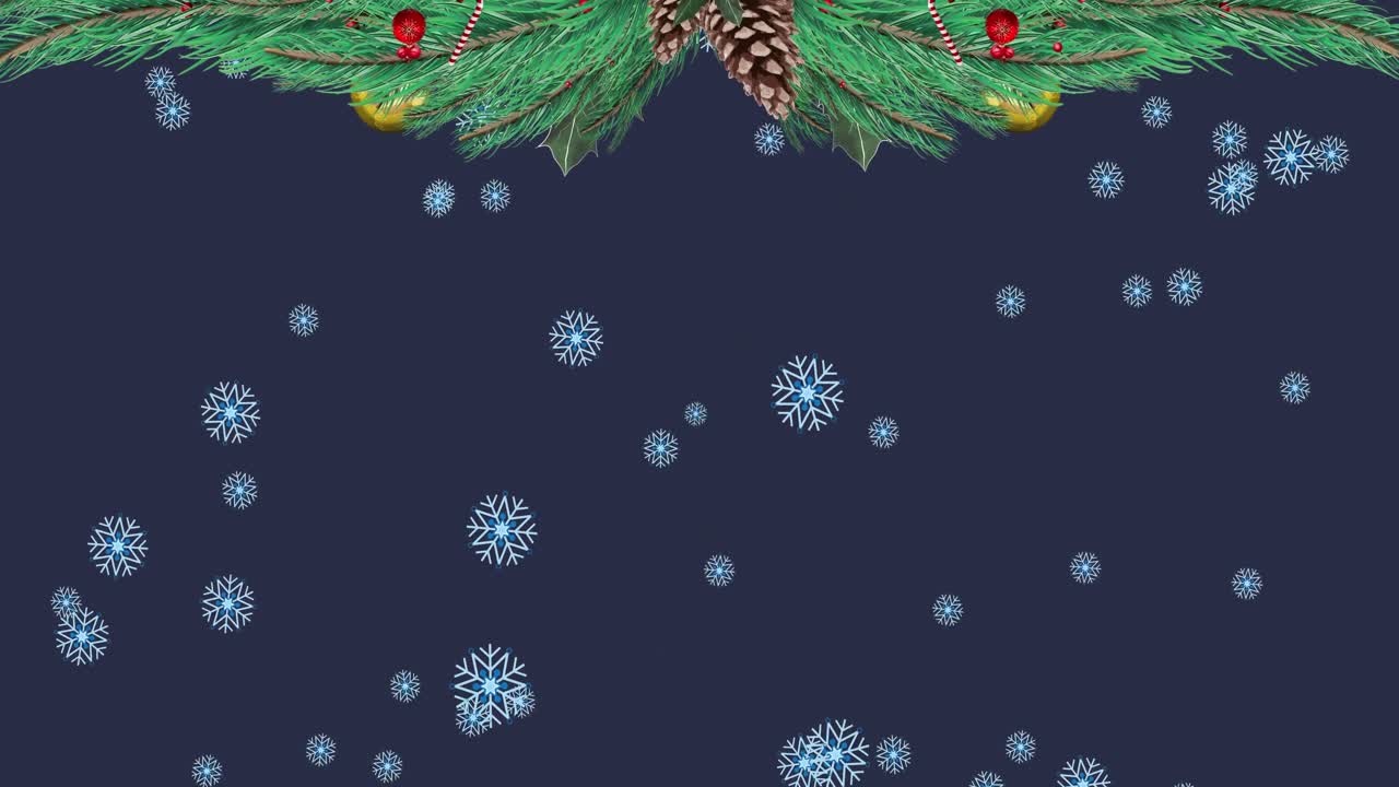 animación de ramas de abeto sobre la nieve que cae sobre un fondo oscuro