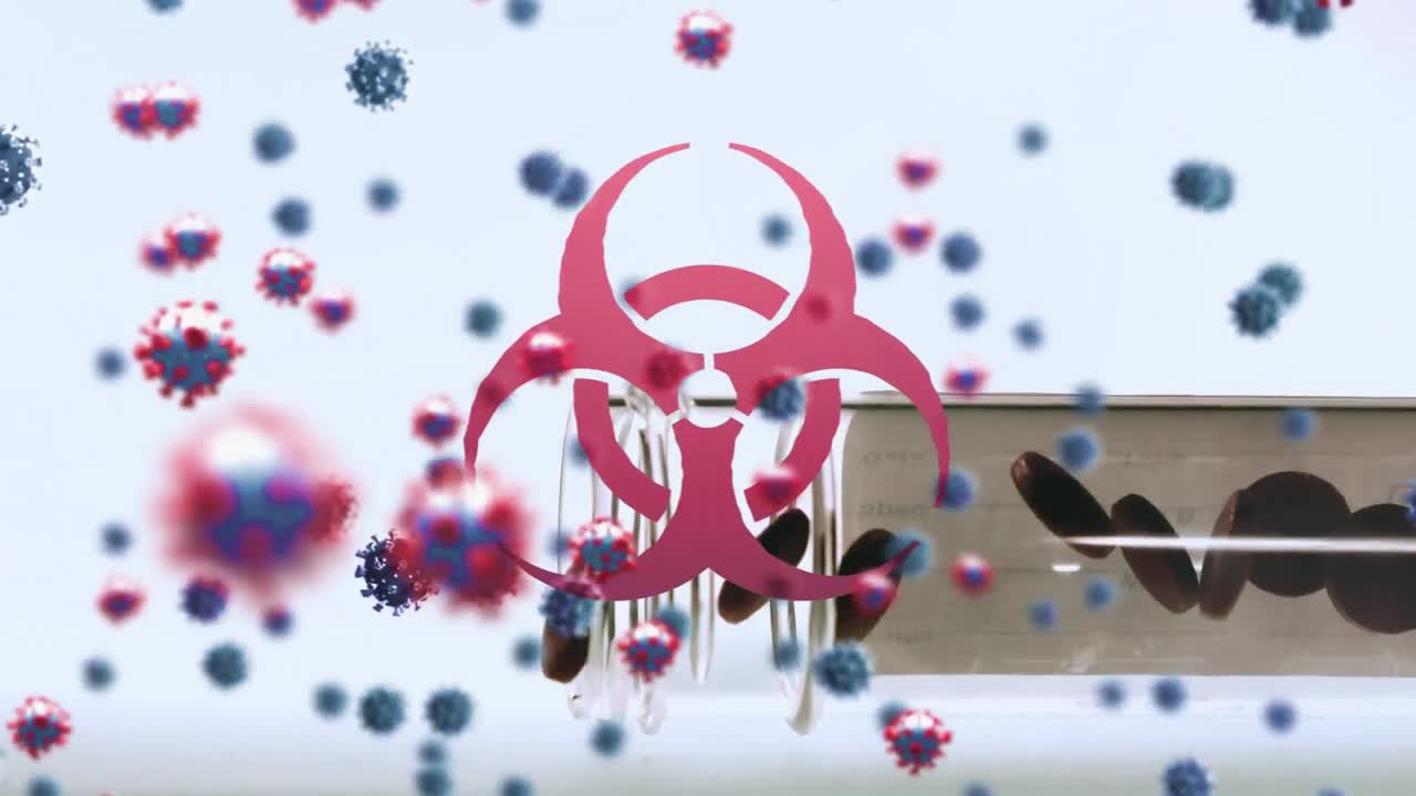 상자에서 떨어지는 알약 위에 떠다니는 거대 코로나19 세포와 생물 위험 상징의 애니메이션