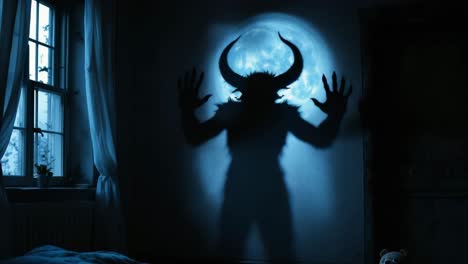 shadowy figure with horns looms large against a wall, illuminated by soft moonlight filtering through a window, creating an eerie atmosphere in a dimly lit room with curtains