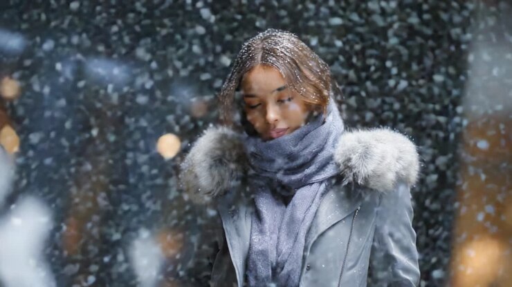 Una giovane donna si gode una serata invernale nevosa, elegantemente immortalata tra i fiocchi di neve che cadono in un'accogliente ambientazione urbana, con una sciarpa calda e un cappotto elegante