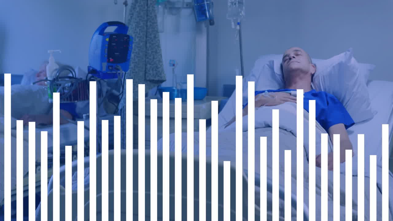 Patients lying on hospital beds, showing health data with floating IV stand graphs and icons