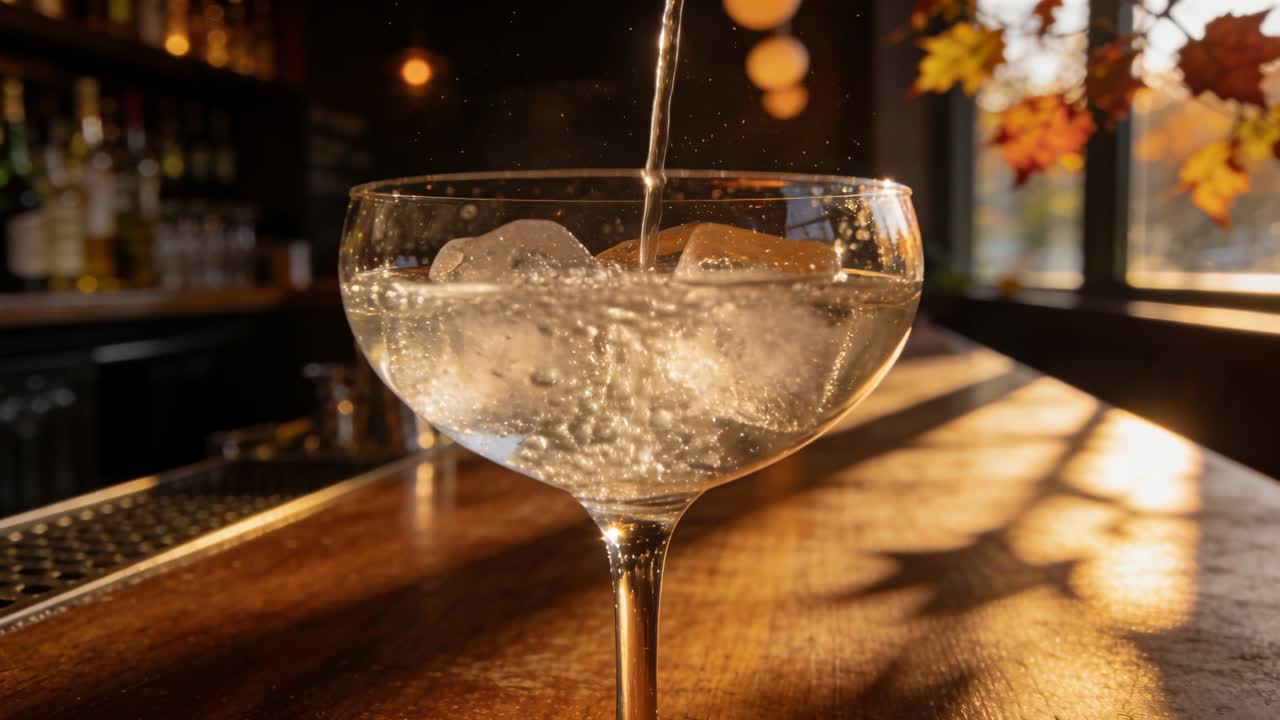Inizia un flusso gassato che riempie un bicchiere a coppa sul bancone del bar, con due cubetti di ghiaccio che creano effervescenza.