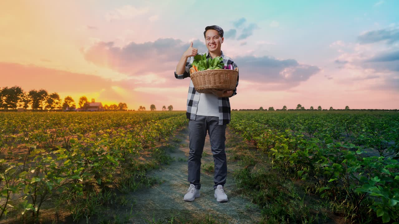 해가 지면 신선 한 채소 바구니 를 가진 행복 한 농부