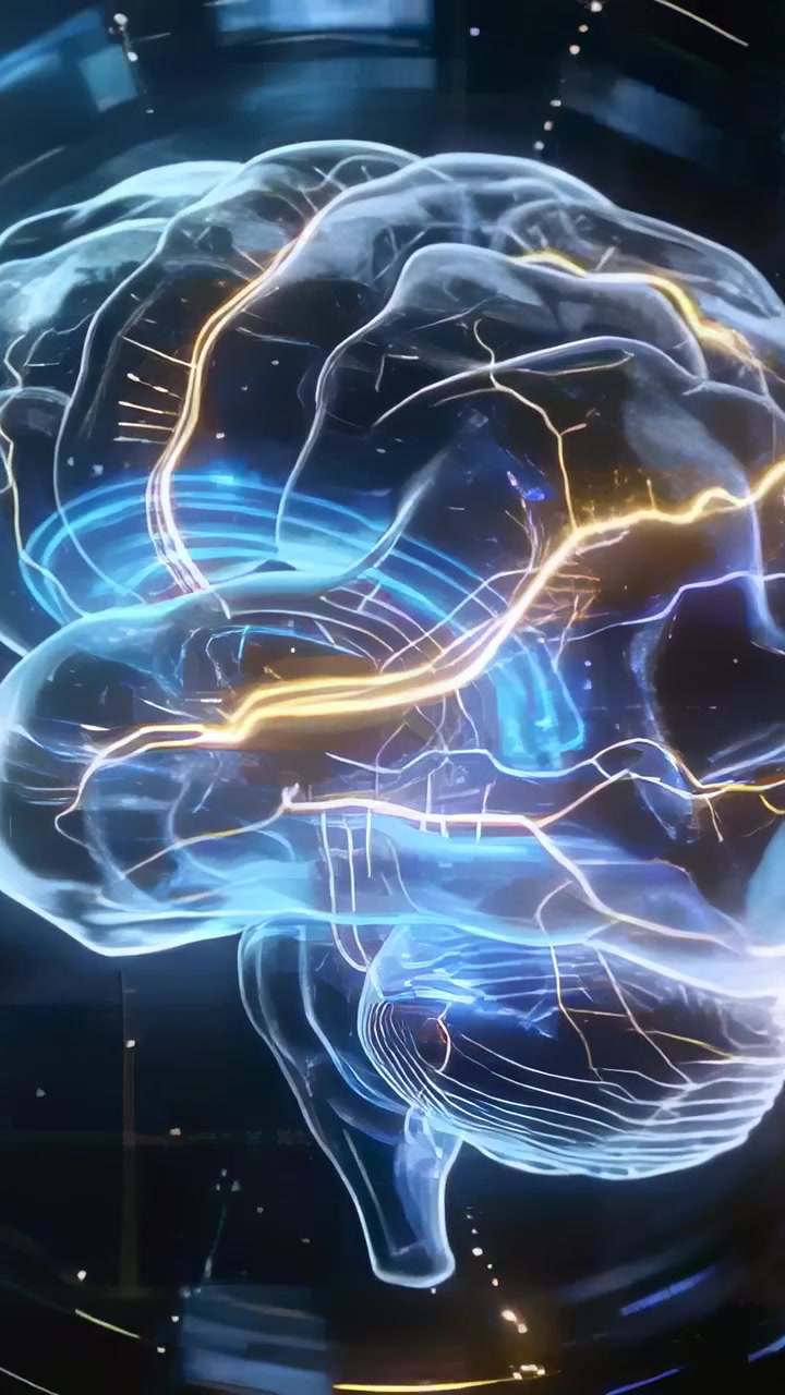 Vertical video: Rotating 3D brain pulsing blue rings sending sparks in dim grid on start for study